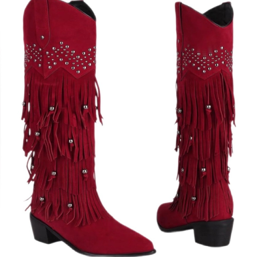Arqa Red Suede Fringe Western Knee High Boots Wide Calf Eu 39 Us 8-8.5 Nwt — image 3 of 6